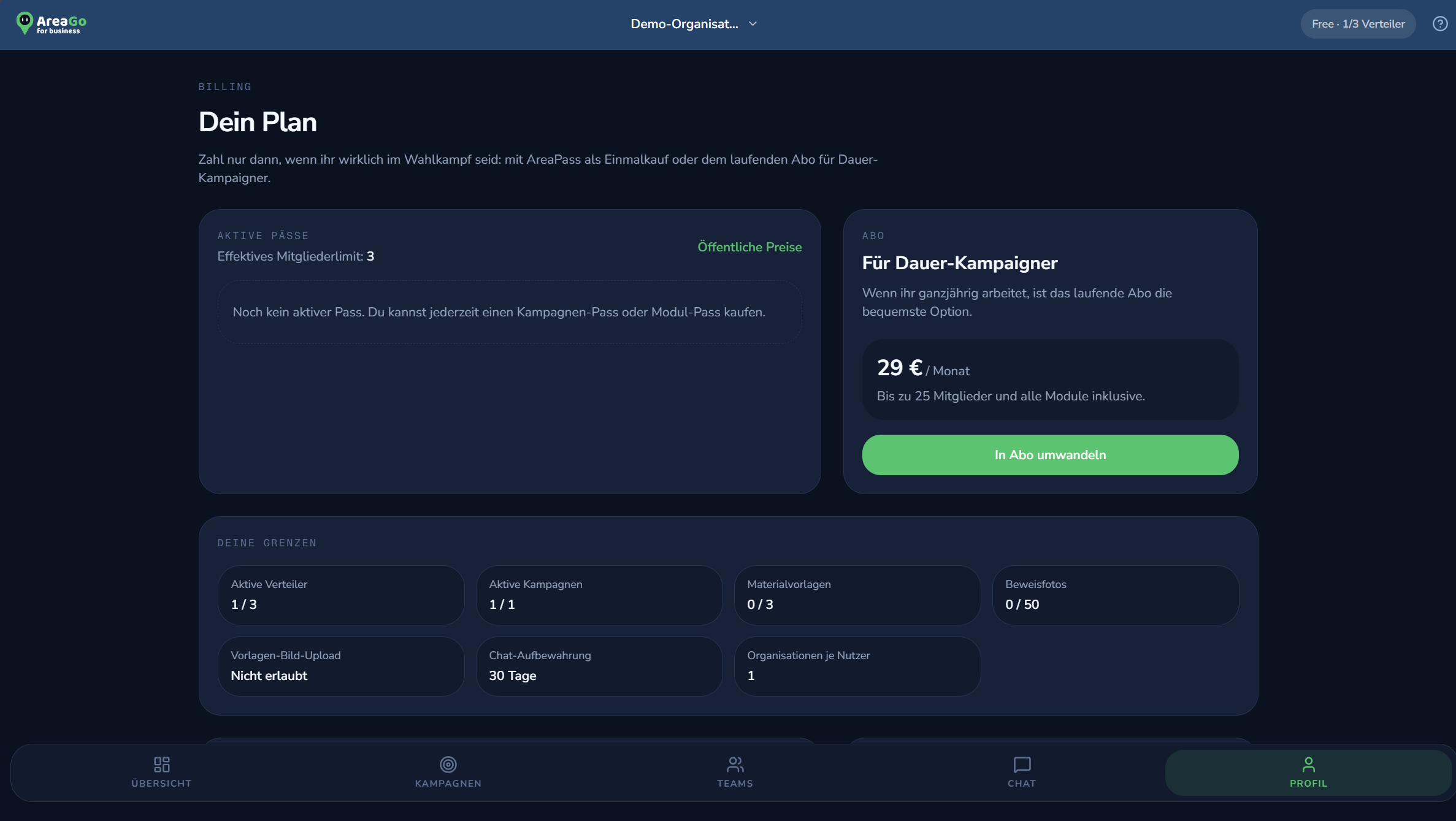 Aktueller Plan mit Upgrade-Option