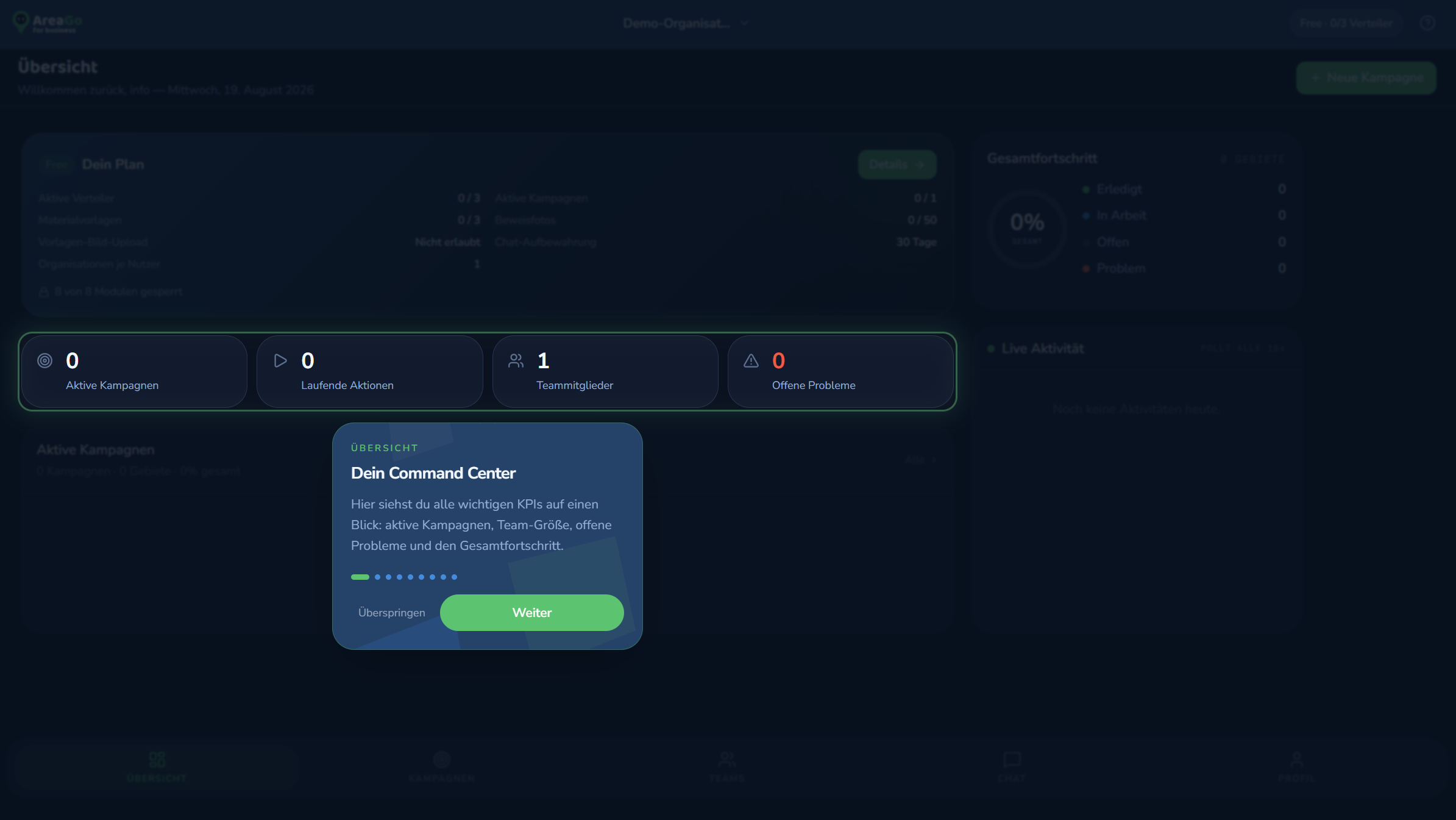 Onboarding-Tour: Übersicht mit Command-Center-Erklärung
